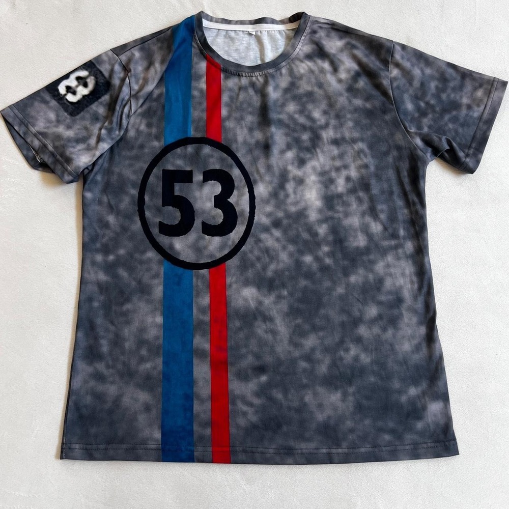 Herbie Love Bug 53 gray t-shirt with blue and red stripes and a black circle